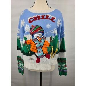 Major Major Womens Chill Skiing Penguin Ugly Christmas Sweater Blue Medium